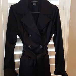 Black satin trench coat with ruffles